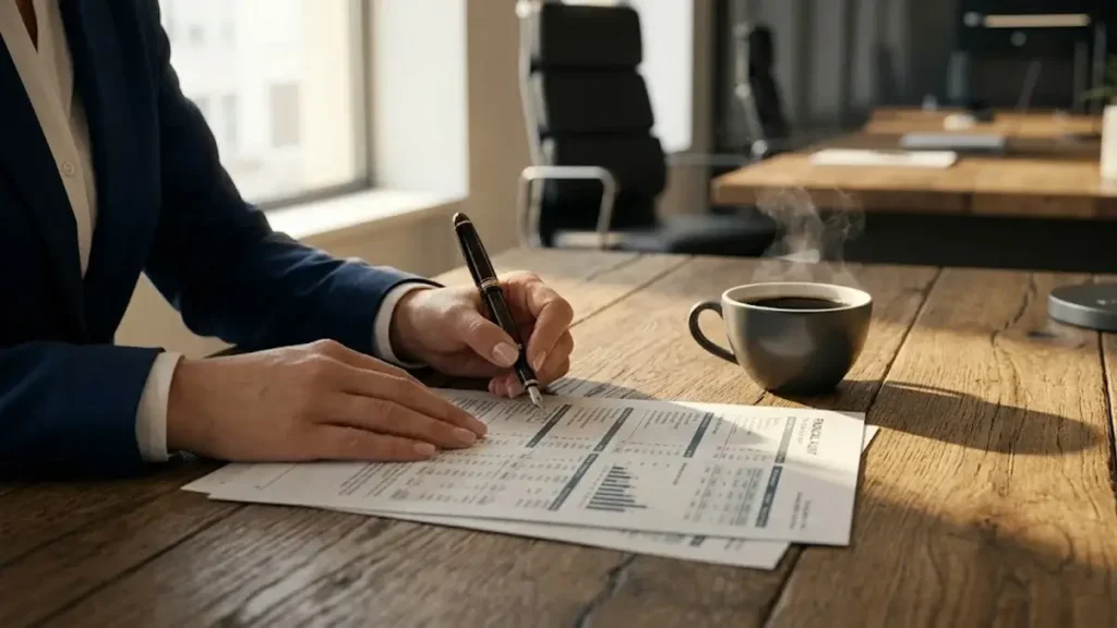 Mãos de advogado revisando documentos de perícia contábil para apuração de haveres em mesa de madeira com café.