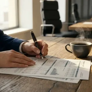 Mãos de advogado revisando documentos de perícia contábil para apuração de haveres em mesa de madeira com café.