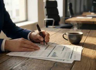Mãos de advogado revisando documentos de perícia contábil para apuração de haveres em mesa de madeira com café.