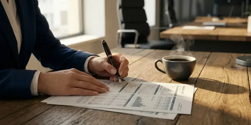 Mãos de advogado revisando documentos de perícia contábil para apuração de haveres em mesa de madeira com café.