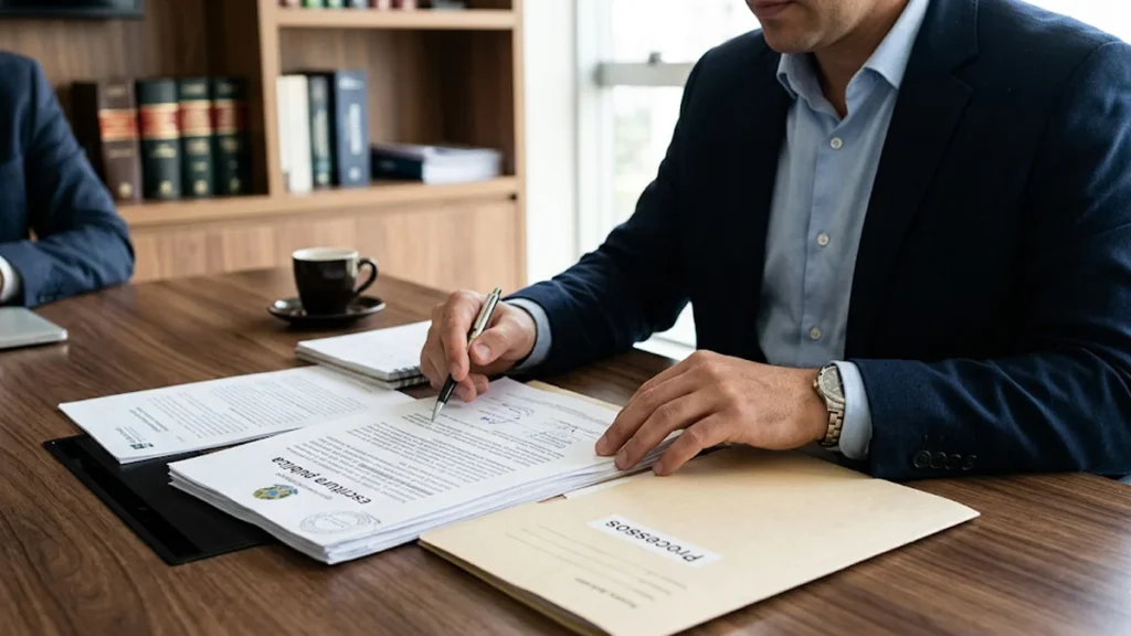 Pessoa em um escritório revisando documentos e certidões de um imóvel para garantir segurança jurídica na compra.