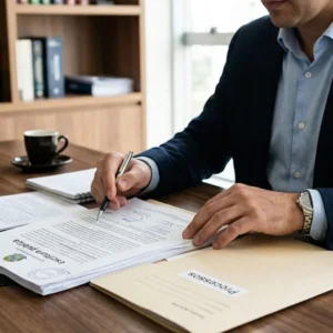 Pessoa em um escritório revisando documentos e certidões de um imóvel para garantir segurança jurídica na compra.