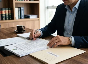 Pessoa em um escritório revisando documentos e certidões de um imóvel para garantir segurança jurídica na compra.