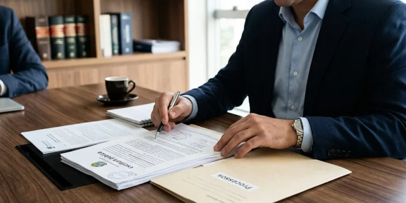 Pessoa em um escritório revisando documentos e certidões de um imóvel para garantir segurança jurídica na compra.
