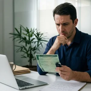 Homem em um escritório analisando documentos do carro com expressão preocupada, representando a busca por solução jurídica.