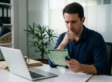 Homem em um escritório analisando documentos do carro com expressão preocupada, representando a busca por solução jurídica.