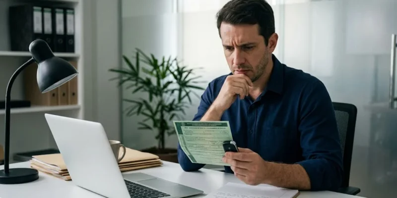 Homem em um escritório analisando documentos do carro com expressão preocupada, representando a busca por solução jurídica.