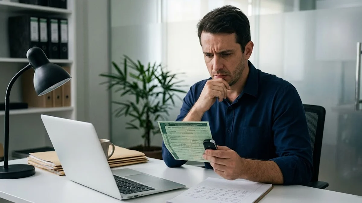 Homem em um escritório analisando documentos do carro com expressão preocupada, representando a busca por solução jurídica.