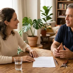 Dois adultos sentados à mesa de madeira conversando de forma amigável com um documento e uma caneta sobre a mesa, ambiente residencial iluminado.