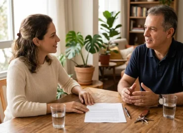 Dois adultos sentados à mesa de madeira conversando de forma amigável com um documento e uma caneta sobre a mesa, ambiente residencial iluminado.