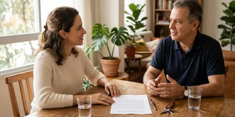 Dois adultos sentados à mesa de madeira conversando de forma amigável com um documento e uma caneta sobre a mesa, ambiente residencial iluminado.