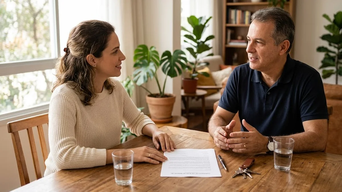 Dois adultos sentados à mesa de madeira conversando de forma amigável com um documento e uma caneta sobre a mesa, ambiente residencial iluminado.