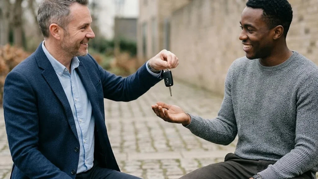 Homem entregando chaves de motocicleta em uma negociação de compra e venda de veículo usado.