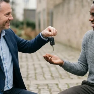 Homem entregando chaves de motocicleta em uma negociação de compra e venda de veículo usado.