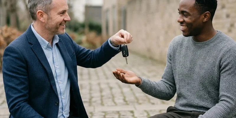Homem entregando chaves de motocicleta em uma negociação de compra e venda de veículo usado.