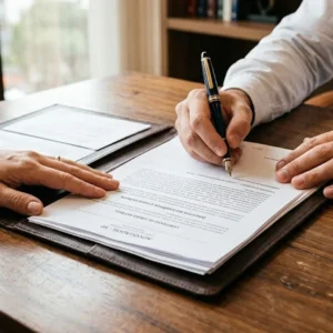Close-up de mãos organizando documentos de inventário e herança sobre mesa de escritório, representando consultoria jurídica em São Paulo.