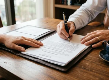 Close-up de mãos organizando documentos de inventário e herança sobre mesa de escritório, representando consultoria jurídica em São Paulo.