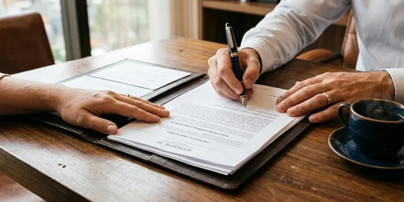 Close-up de mãos organizando documentos de inventário e herança sobre mesa de escritório, representando consultoria jurídica em São Paulo.