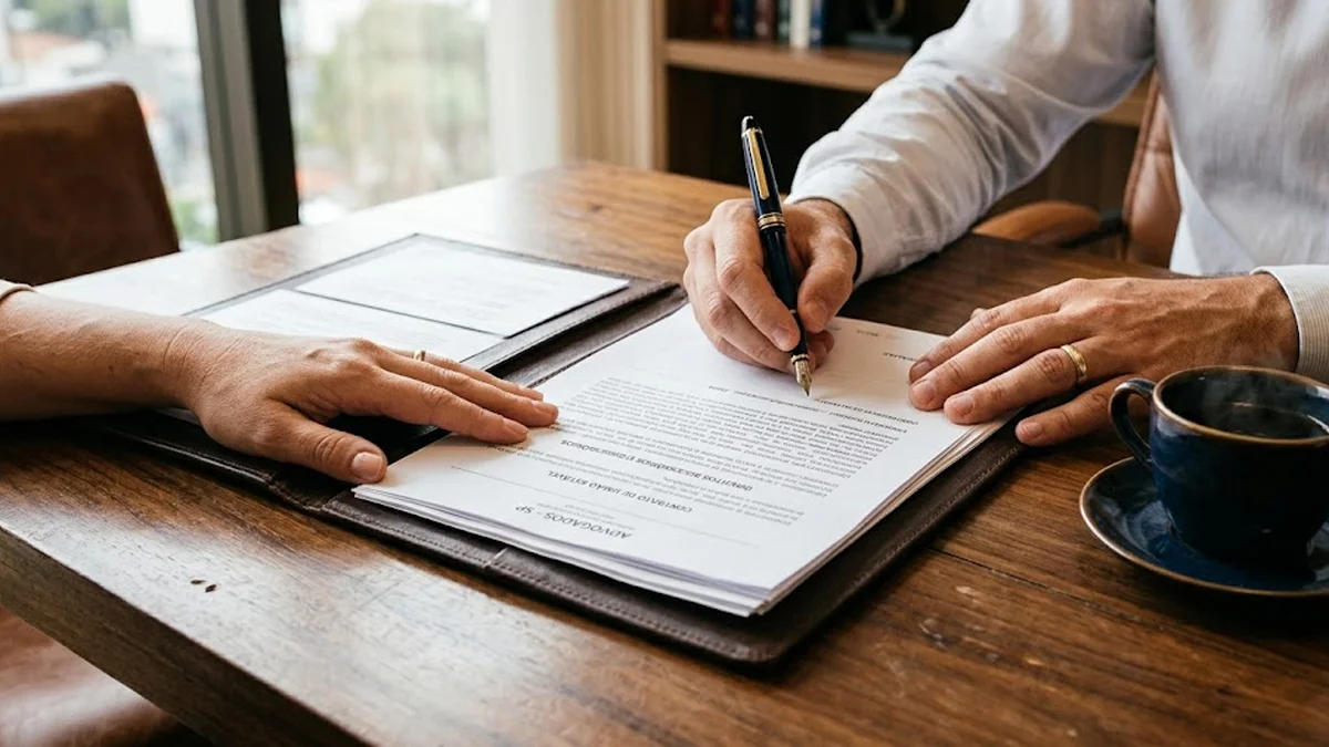 Close-up de mãos organizando documentos de inventário e herança sobre mesa de escritório, representando consultoria jurídica em São Paulo.