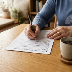 Mulher organizando documentos e guias de pagamento do INSS sobre uma mesa de madeira em ambiente iluminado.