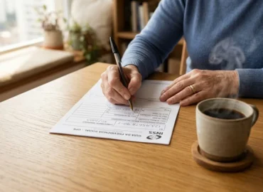 Mulher organizando documentos e guias de pagamento do INSS sobre uma mesa de madeira em ambiente iluminado.