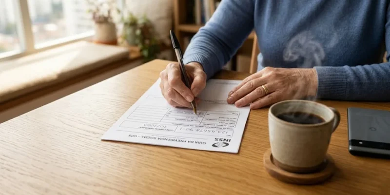 Mulher organizando documentos e guias de pagamento do INSS sobre uma mesa de madeira em ambiente iluminado.