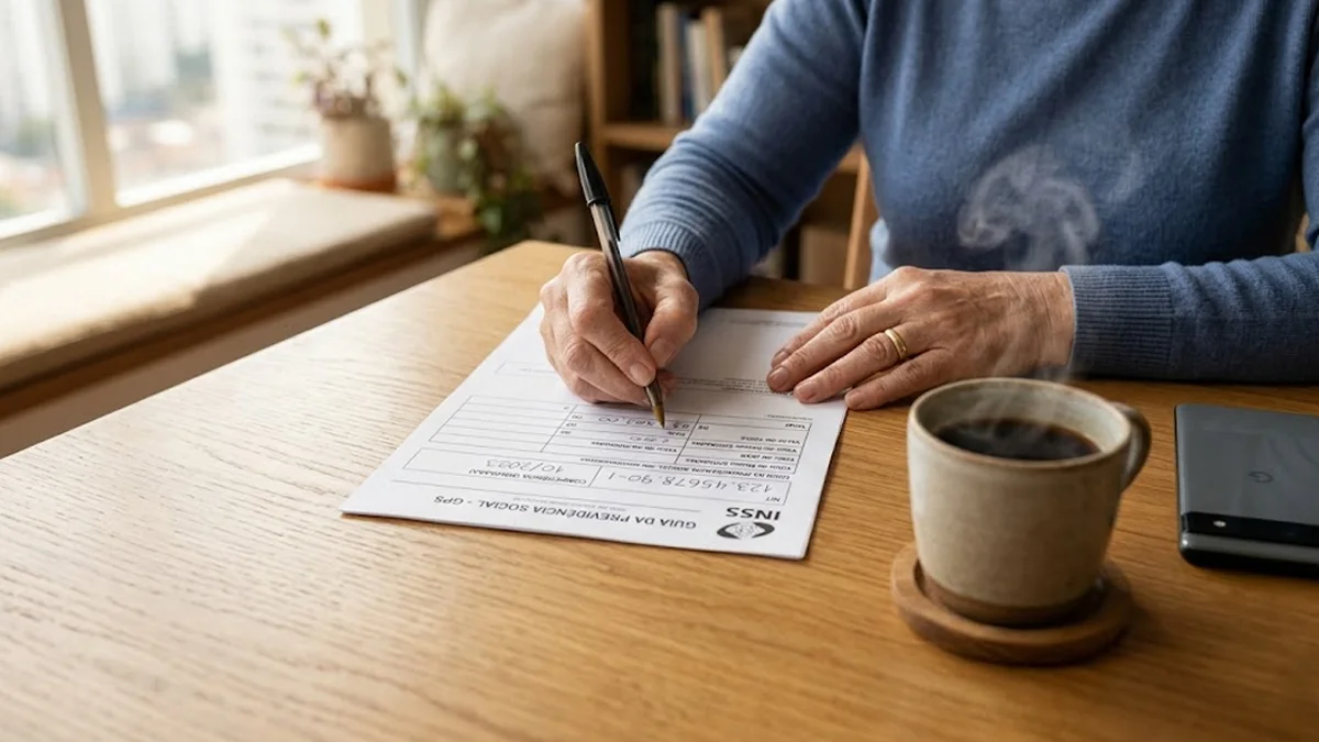 Mulher organizando documentos e guias de pagamento do INSS sobre uma mesa de madeira em ambiente iluminado.