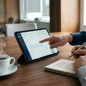 Profissionais em reunião discutindo documentos e dados de remuneração em escritório moderno em São Paulo.