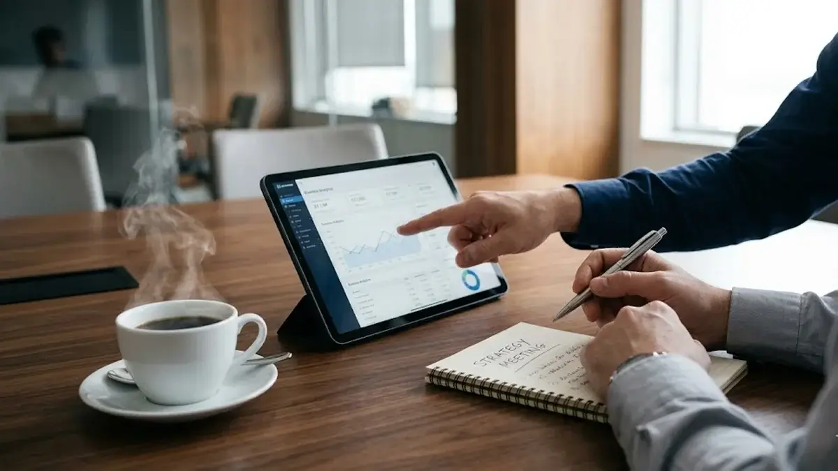 Profissionais em reunião discutindo documentos e dados de remuneração em escritório moderno em São Paulo.