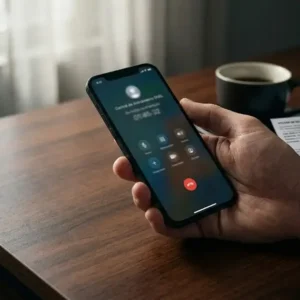 Mão segurando celular sobre mesa de madeira com conta de consumo ao fundo, representando a espera por atendimento de serviço essencial.