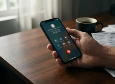 Mão segurando celular sobre mesa de madeira com conta de consumo ao fundo, representando a espera por atendimento de serviço essencial.
