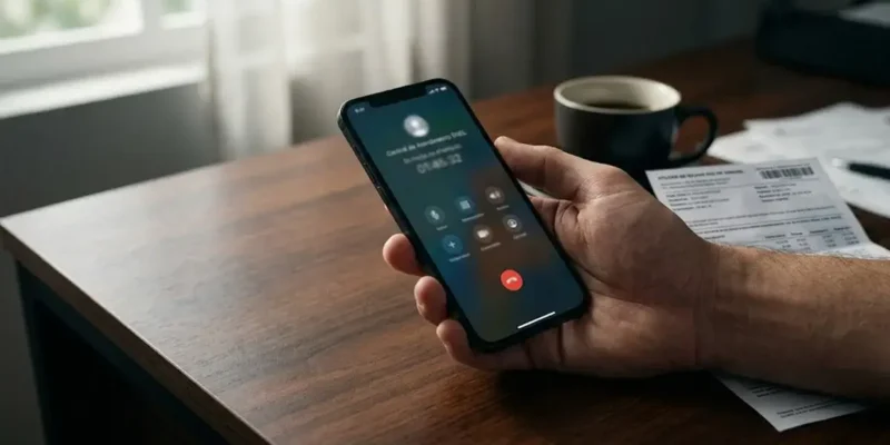 Mão segurando celular sobre mesa de madeira com conta de consumo ao fundo, representando a espera por atendimento de serviço essencial.