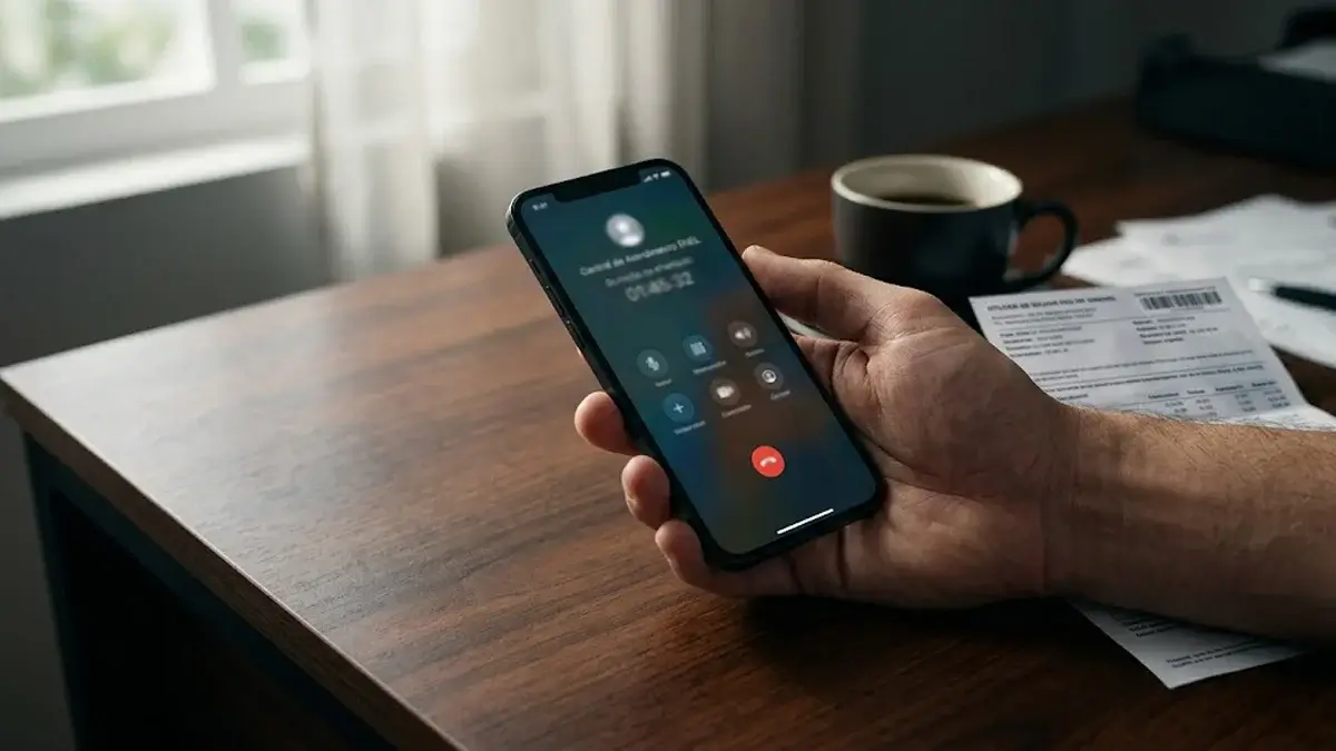 Mão segurando celular sobre mesa de madeira com conta de consumo ao fundo, representando a espera por atendimento de serviço essencial.