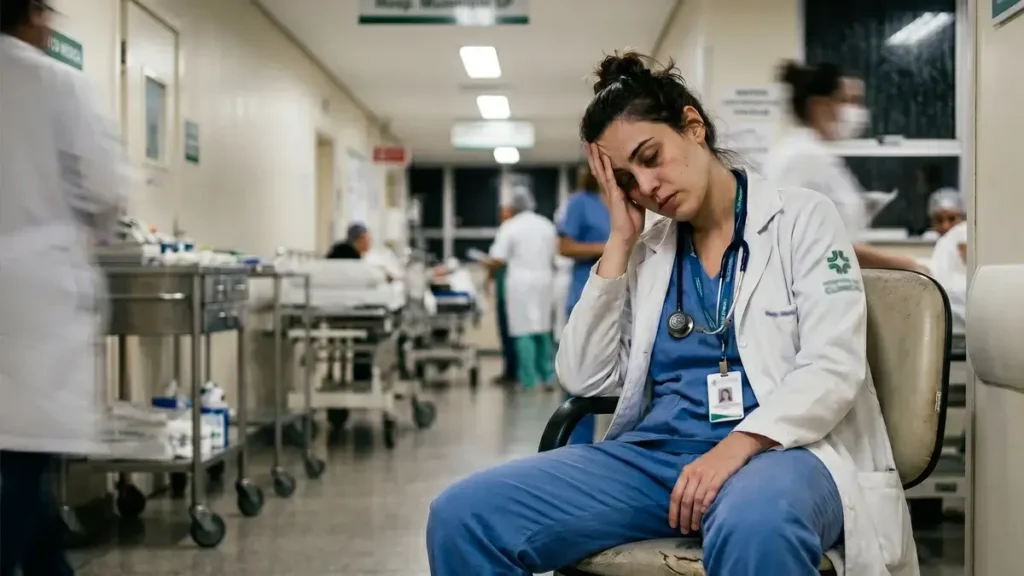 Médica residente exausta sentada em um corredor desfocado e movimentado de um hospital de São Paulo durante um plantão noturno.