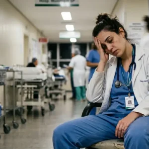 Médica residente exausta sentada em um corredor desfocado e movimentado de um hospital de São Paulo durante um plantão noturno.