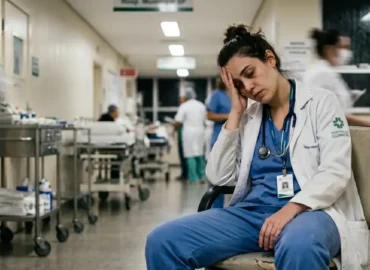 Médica residente exausta sentada em um corredor desfocado e movimentado de um hospital de São Paulo durante um plantão noturno.
