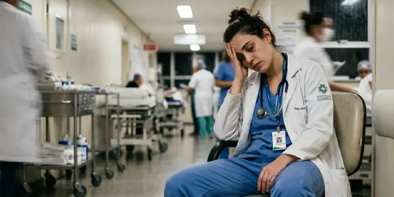 Médica residente exausta sentada em um corredor desfocado e movimentado de um hospital de São Paulo durante um plantão noturno.