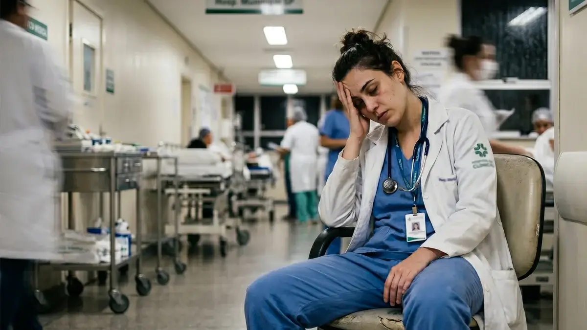 Médica residente exausta sentada em um corredor desfocado e movimentado de um hospital de São Paulo durante um plantão noturno.