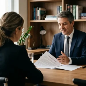 Advogado em reunião consultiva com cliente demonstrando apoio e seriedade em um ambiente de escritório acolhedor.