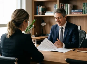 Advogado em reunião consultiva com cliente demonstrando apoio e seriedade em um ambiente de escritório acolhedor.