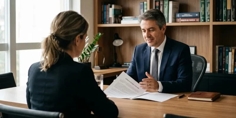 Advogado em reunião consultiva com cliente demonstrando apoio e seriedade em um ambiente de escritório acolhedor.