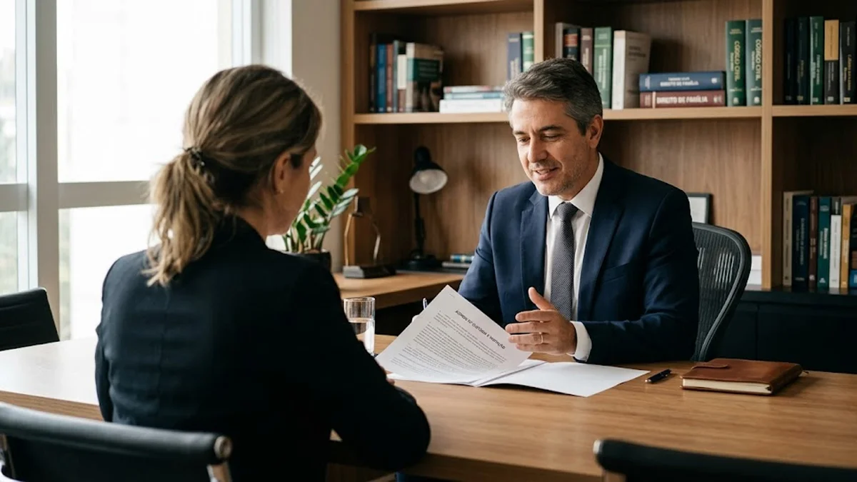 Advogado em reunião consultiva com cliente demonstrando apoio e seriedade em um ambiente de escritório acolhedor.