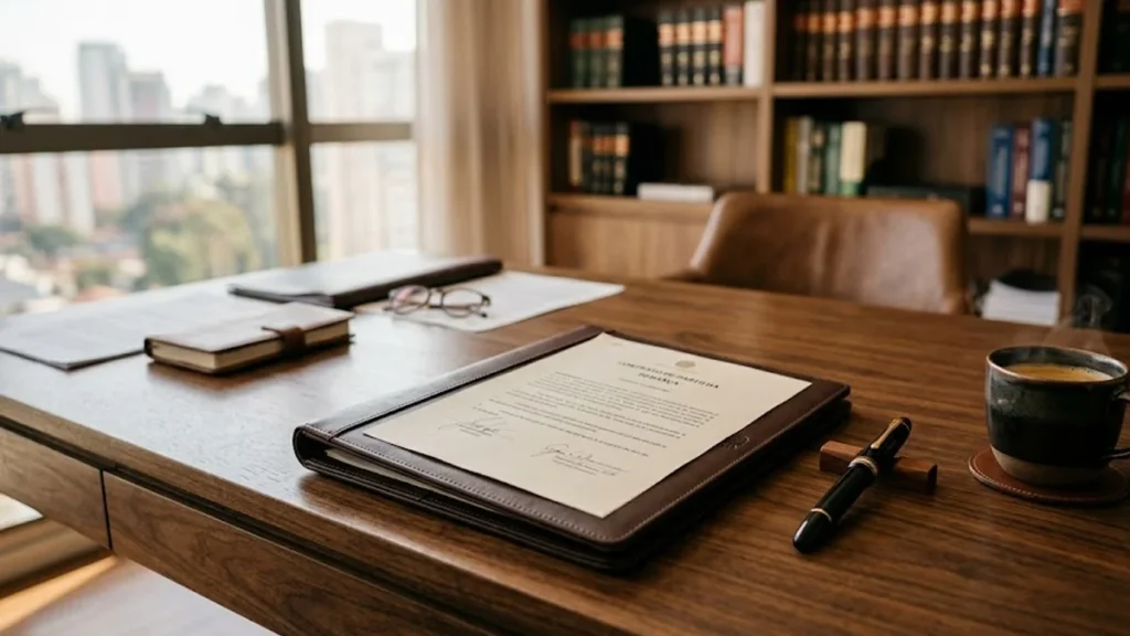 Mesa de escritório jurídico com documentos e caneta tinteiro, representando o planejamento de partilha de bens na separação obrigatória.