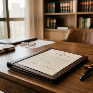 Mesa de escritório jurídico com documentos e caneta tinteiro, representando o planejamento de partilha de bens na separação obrigatória.
