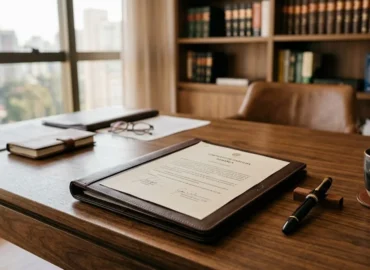 Mesa de escritório jurídico com documentos e caneta tinteiro, representando o planejamento de partilha de bens na separação obrigatória.
