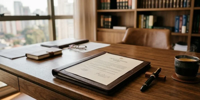 Mesa de escritório jurídico com documentos e caneta tinteiro, representando o planejamento de partilha de bens na separação obrigatória.