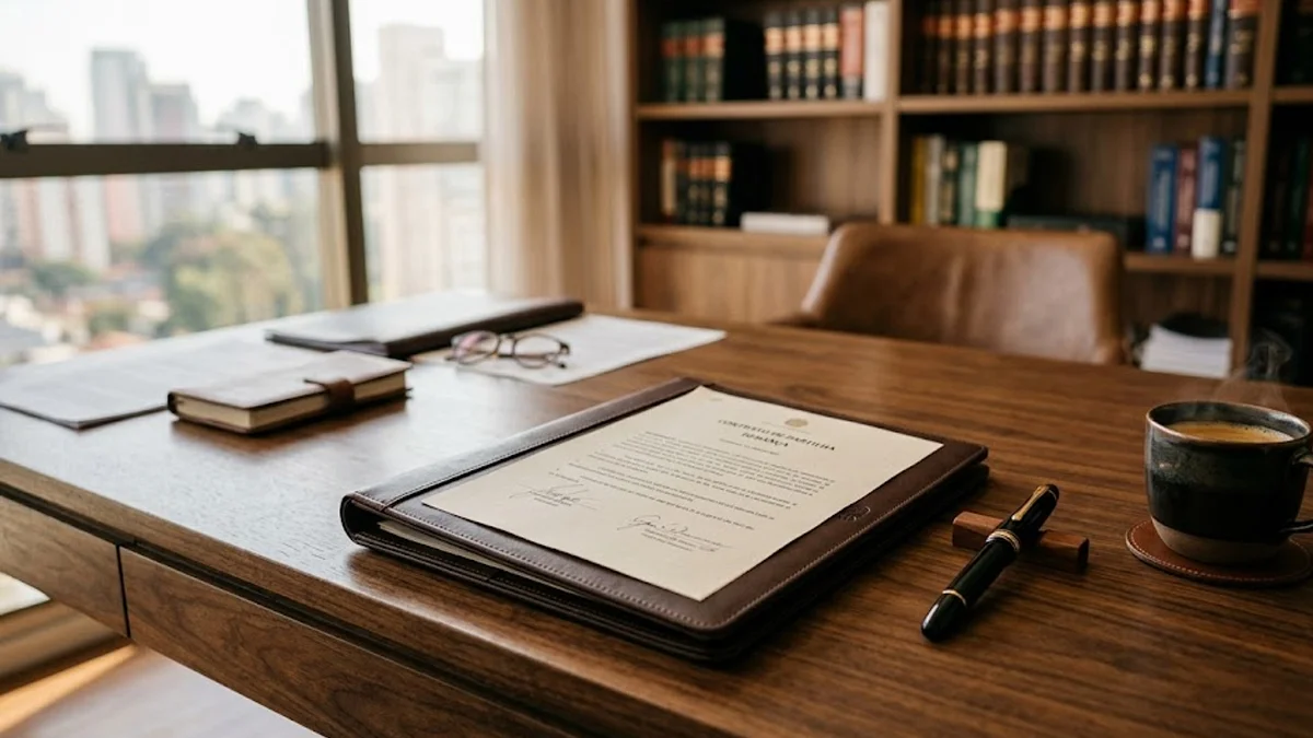 Mesa de escritório jurídico com documentos e caneta tinteiro, representando o planejamento de partilha de bens na separação obrigatória.