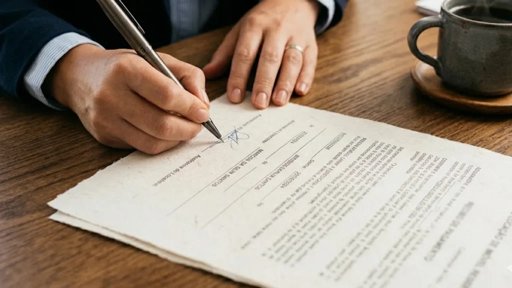 Close de mãos assinando documento de quitação de aluguel sobre mesa de madeira, simbolizando segurança jurídica.