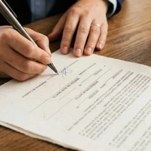Close de mãos assinando documento de quitação de aluguel sobre mesa de madeira, simbolizando segurança jurídica.