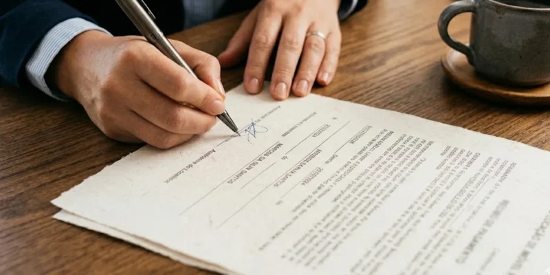 Close de mãos assinando documento de quitação de aluguel sobre mesa de madeira, simbolizando segurança jurídica.